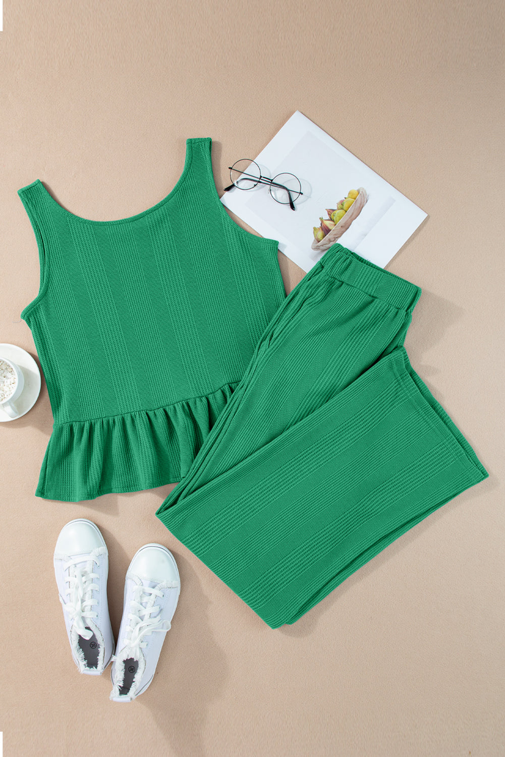 Duffel Green Solid Color Ribbed Ruffle Tank Top and Pants Set