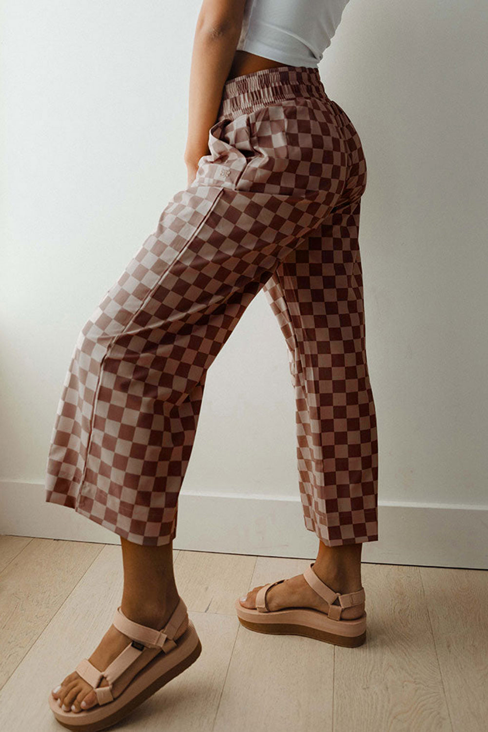 Sky Blue Tie Elastic Waist Checkered Loose Pants