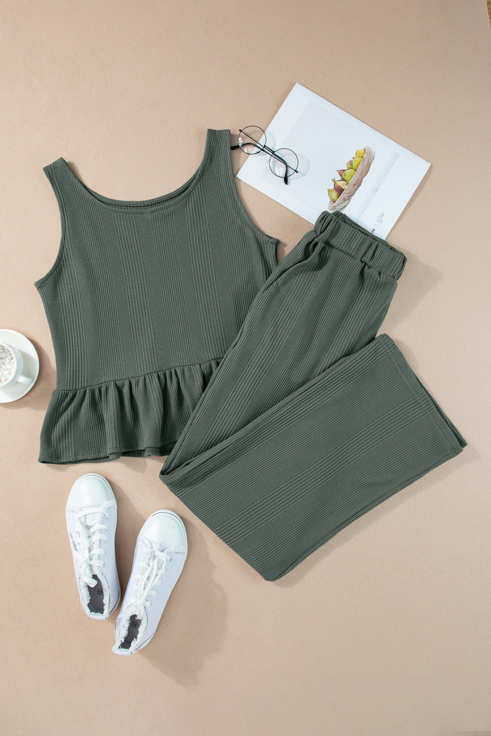 Duffel Green Solid Color Ribbed Ruffle Tank Top and Pants Set