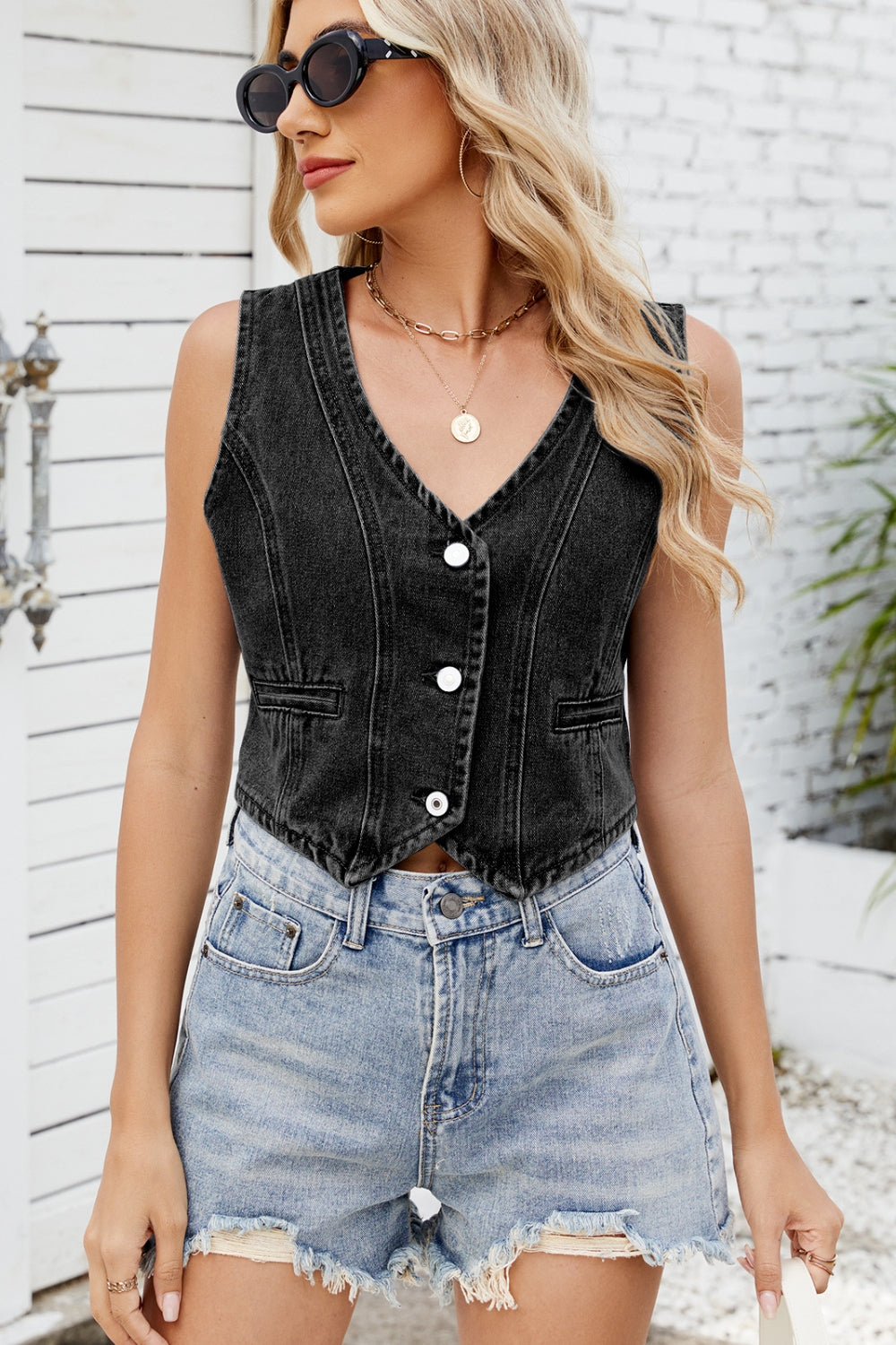 Button Down V-Neck Denim Vest