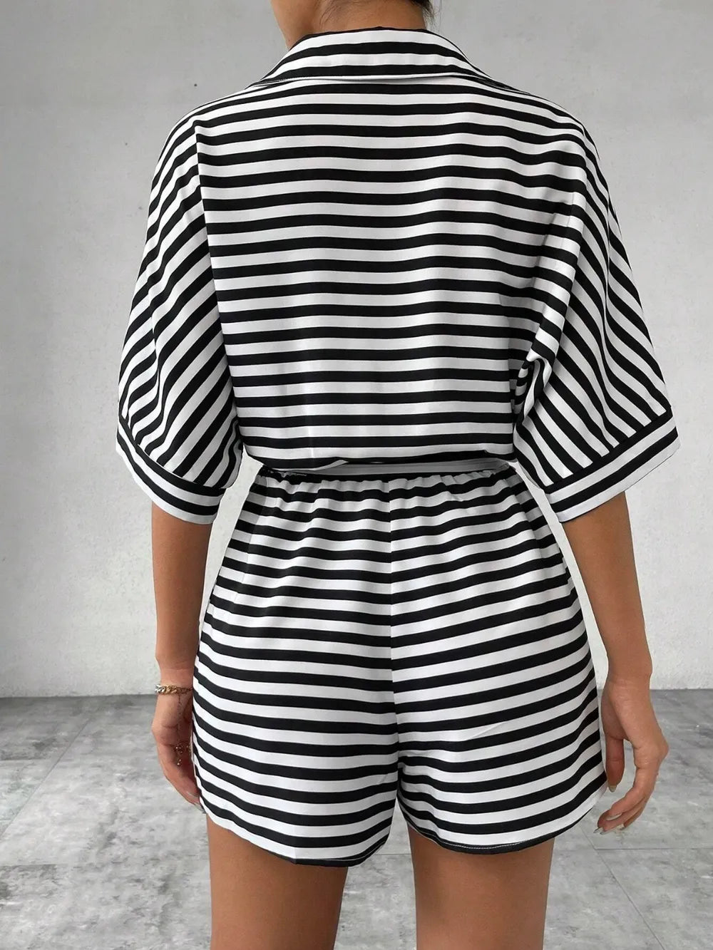 Tie Waist Half Button Striped Romper