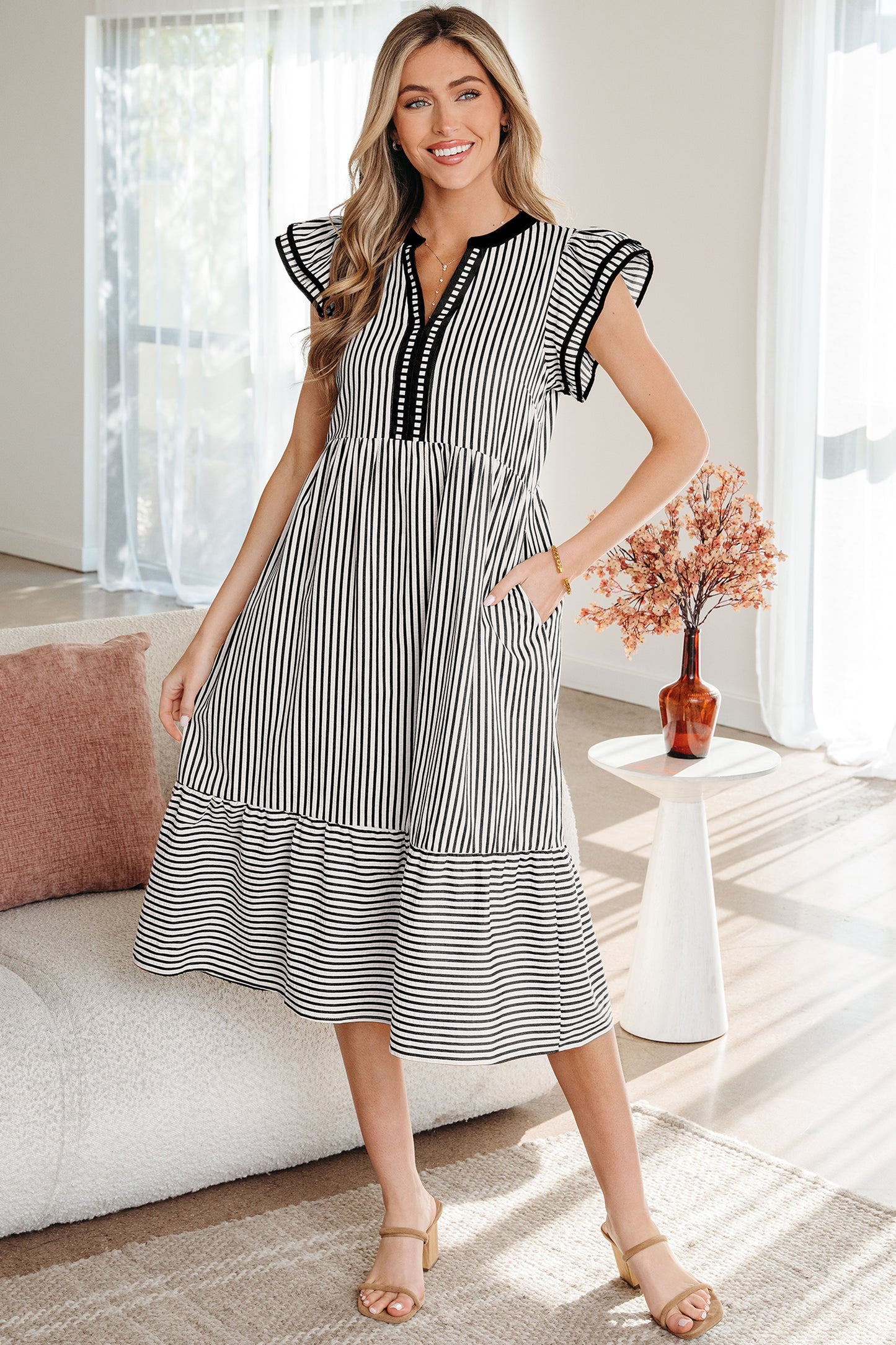 Green Stripe Double Ruffled Short Sleeve Contrast Trim V Neck Midi Dress