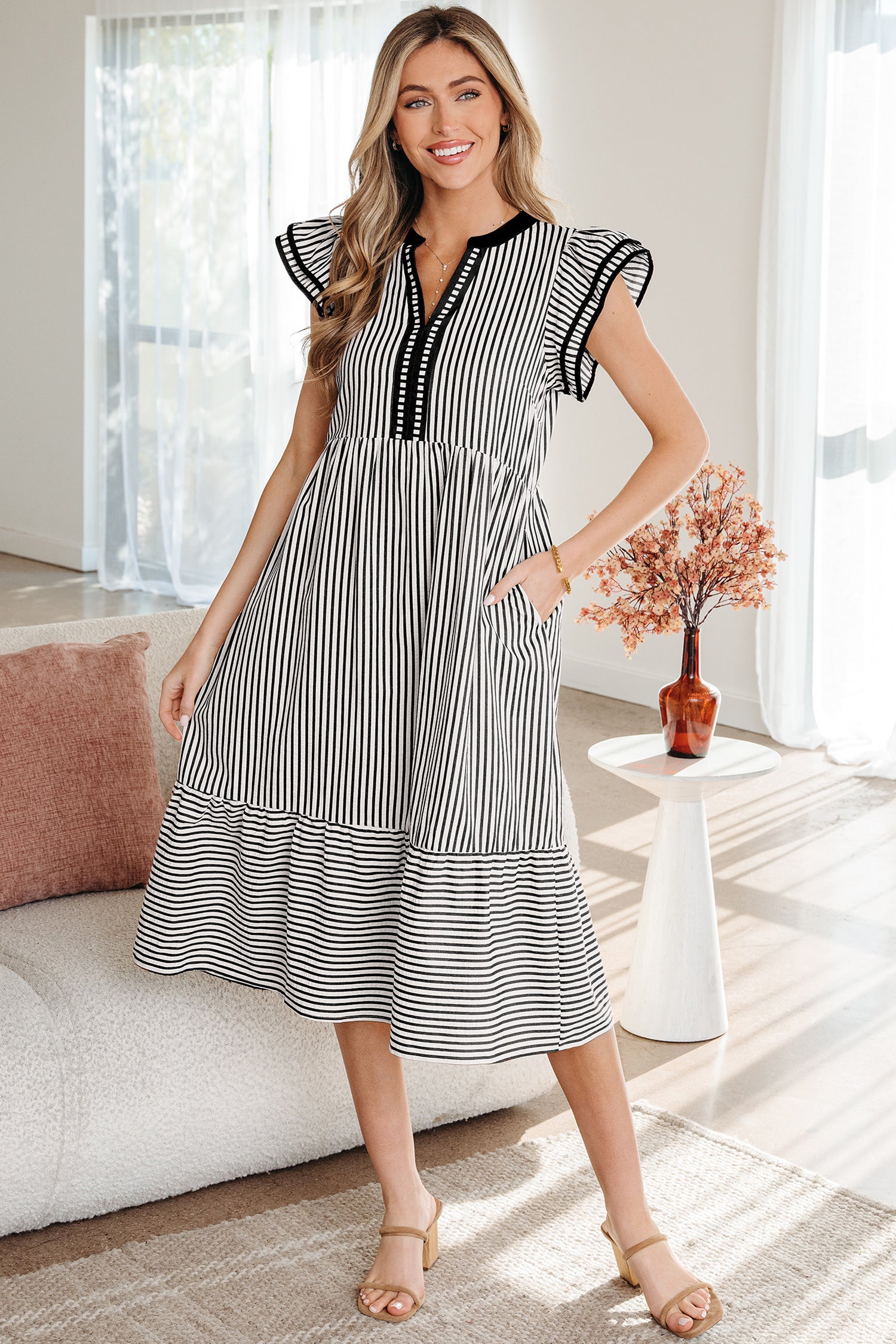 Green Stripe Double Ruffled Short Sleeve Contrast Trim V Neck Midi Dress