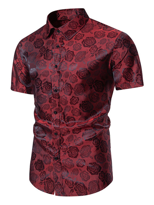 Men's Rose Print Short Sleeve Button-Down Shirt