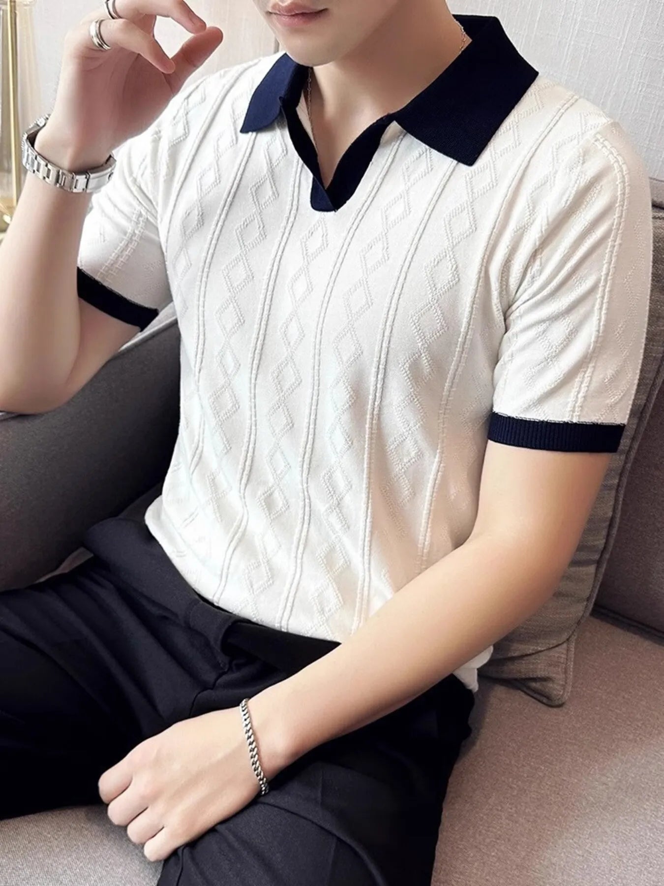 Men's Full Size Contrast Collar Short Sleeve Knit Polo Plus Size