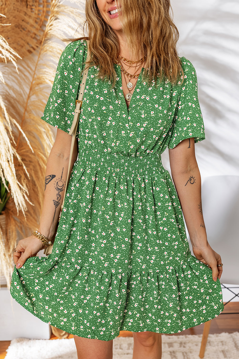 Red Floral Print Wrap V Neck Short Sleeve High Waistband Mini Dress