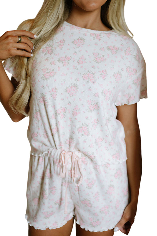 Pink Floral Print Lettuce Trim Tee and Shorts Pajama Set