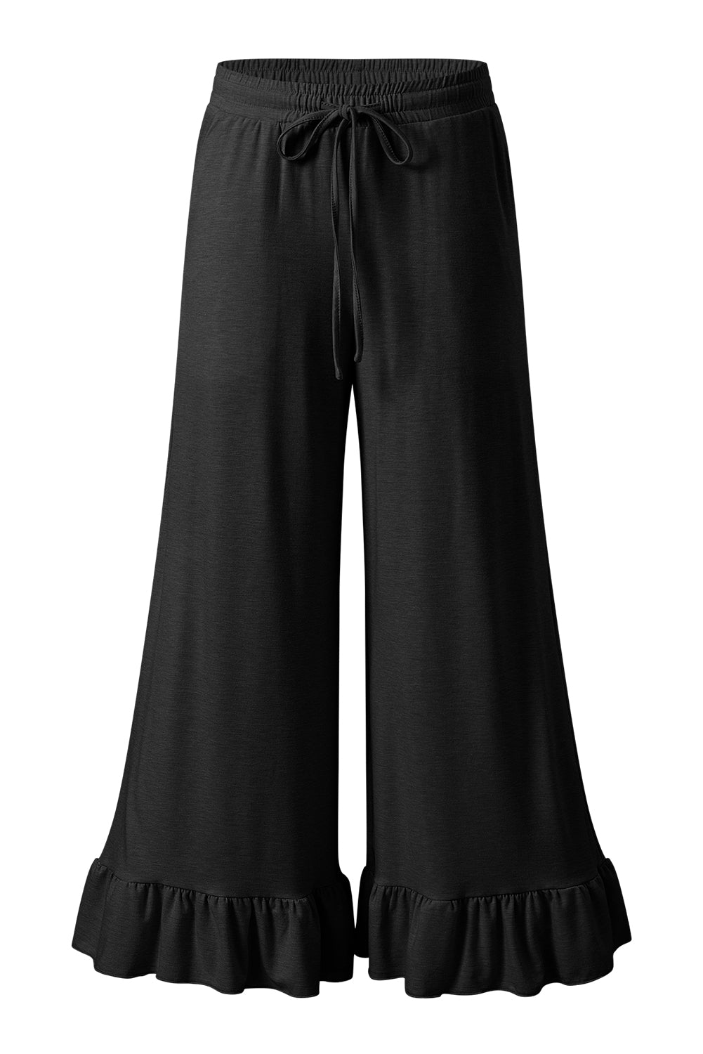 Black Solid Color Ruffle Hem Wide Leg Pants