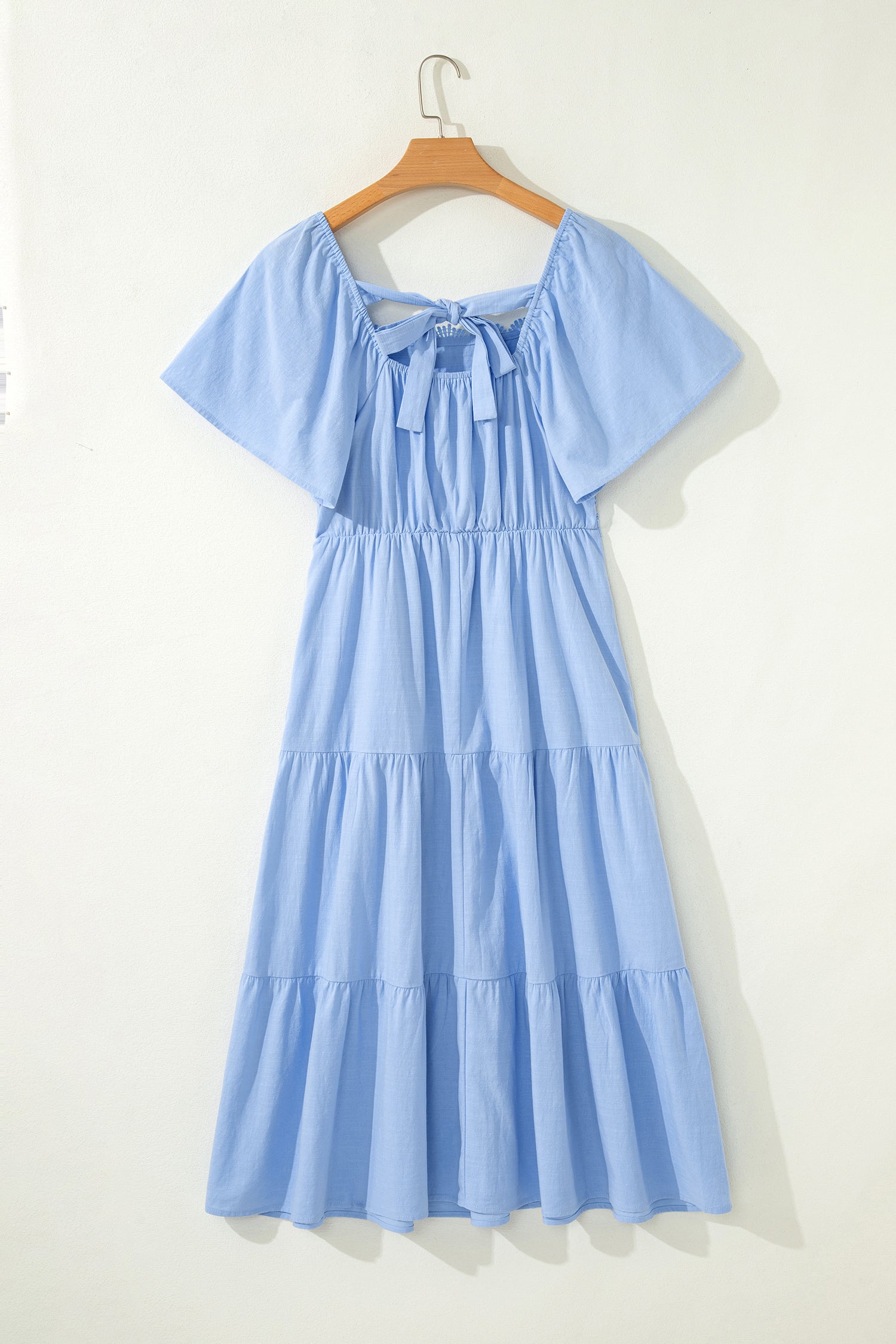 Beau Blue Flowy Short Sleeve Lace Detail Square Neck Tiered Midi Dress