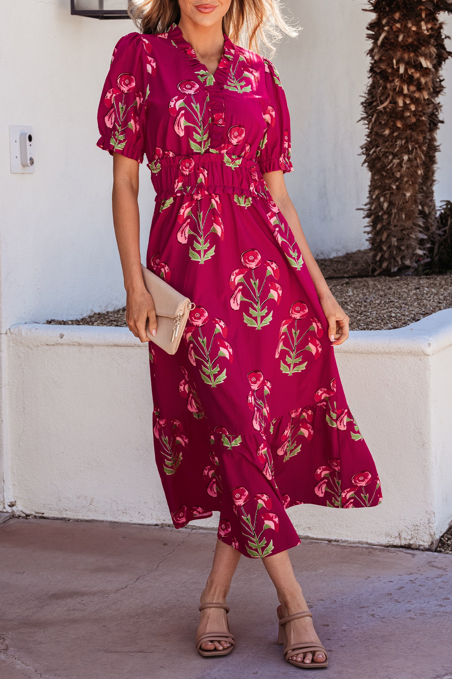 Red Floral Print Frilled V Neck Short Sleeve Ruffle Maxi Dress