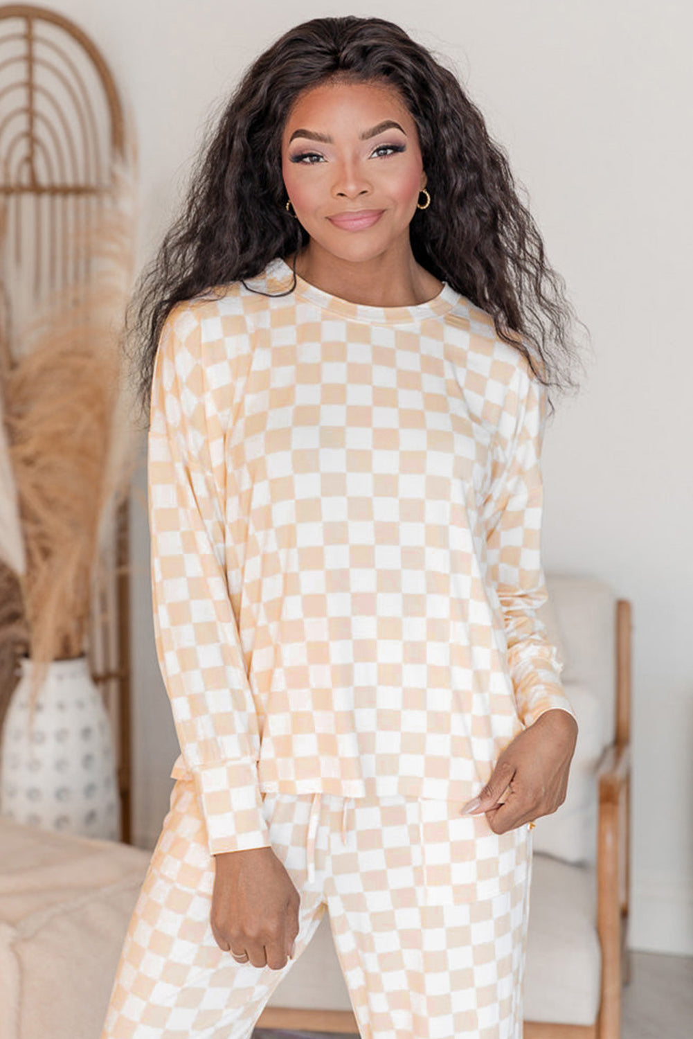  Beige Checkered Print Long Sleeve Loose Fit Pajama Set