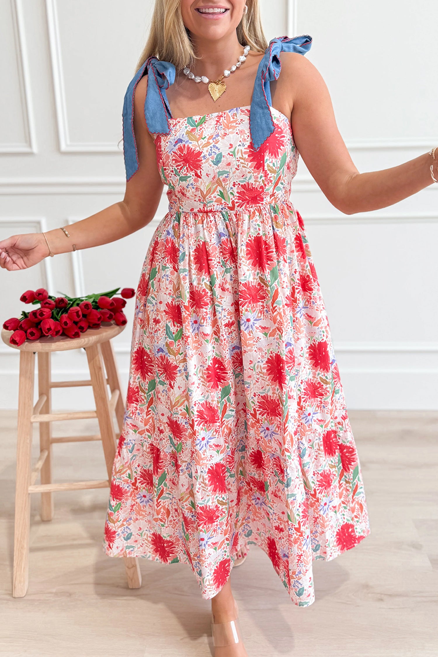 Yellow Floral Print Contrast Stitched Knot Denim Straps High Waist Dress