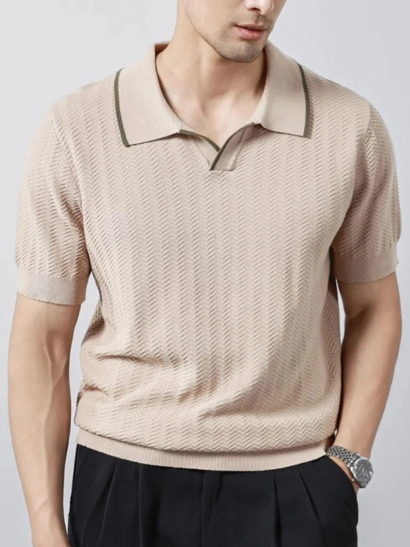 Men's Plus Size Textured Contrast Trim Short Sleeve Polo