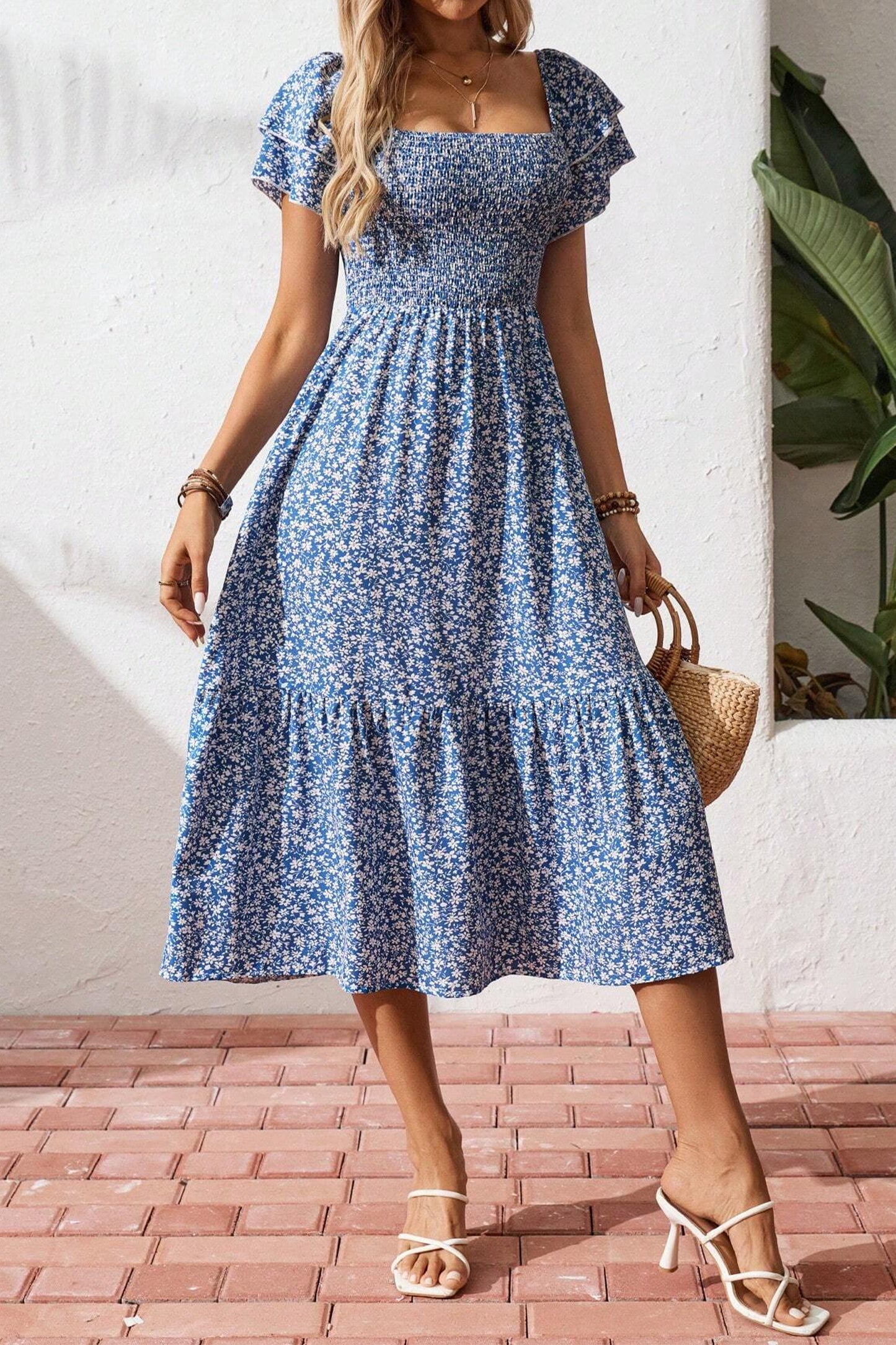 Beige Ditsy Floral Print Smocked Square Neck Ruffle Short Sleeve Dress