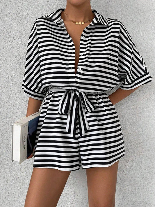 Tie Waist Half Button Striped Romper