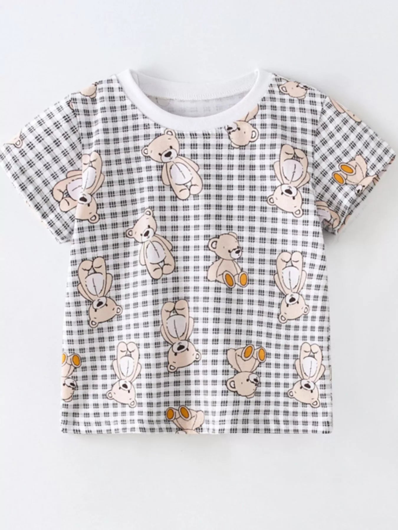 Children's Plaid Bear Print Crew Neck Short Sleeve T-Shirt