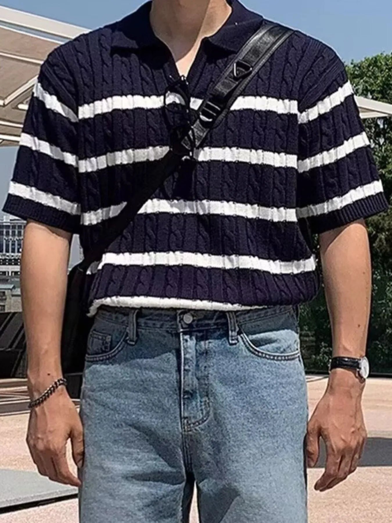 Men's Full Size Striped Short Sleeve Polo Plus Size