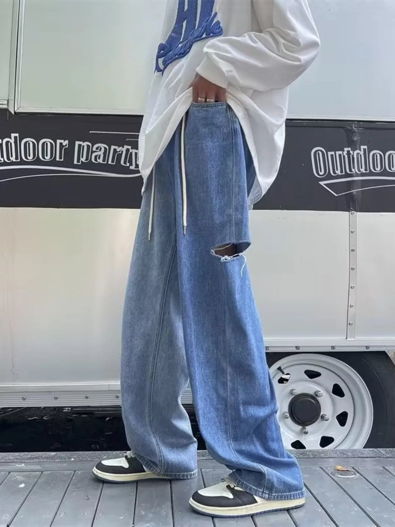 Men's Full Size Ripped Wide Leg Jeans Plus Size