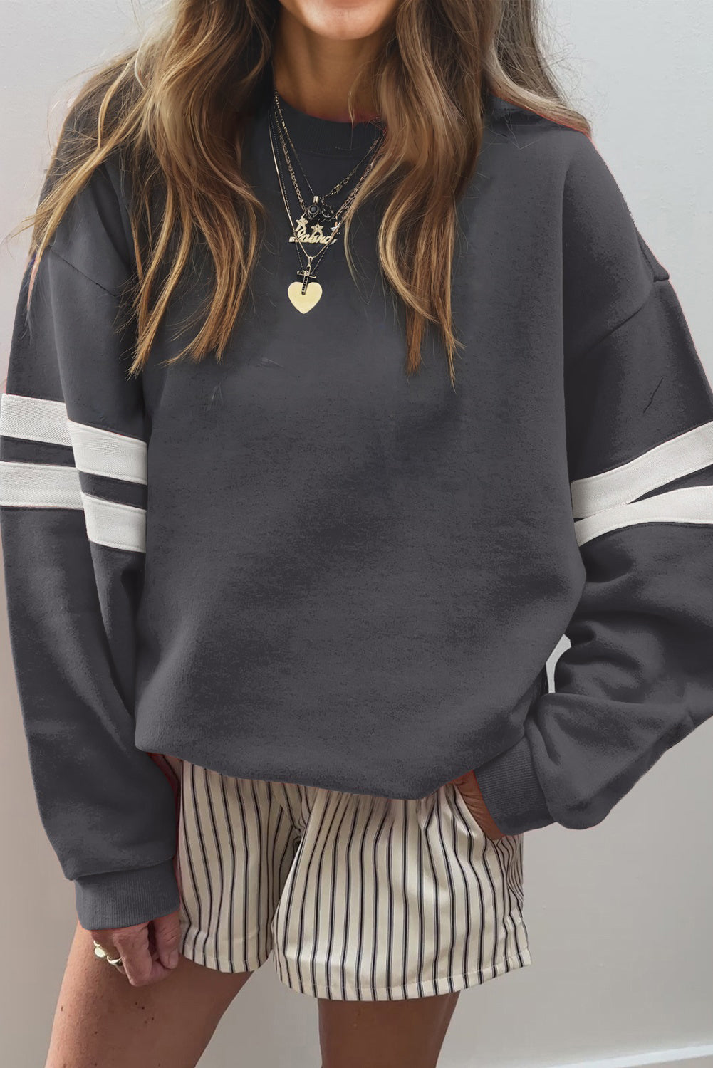 Black Preppy Striped Sleeve Loose Sweatshirt