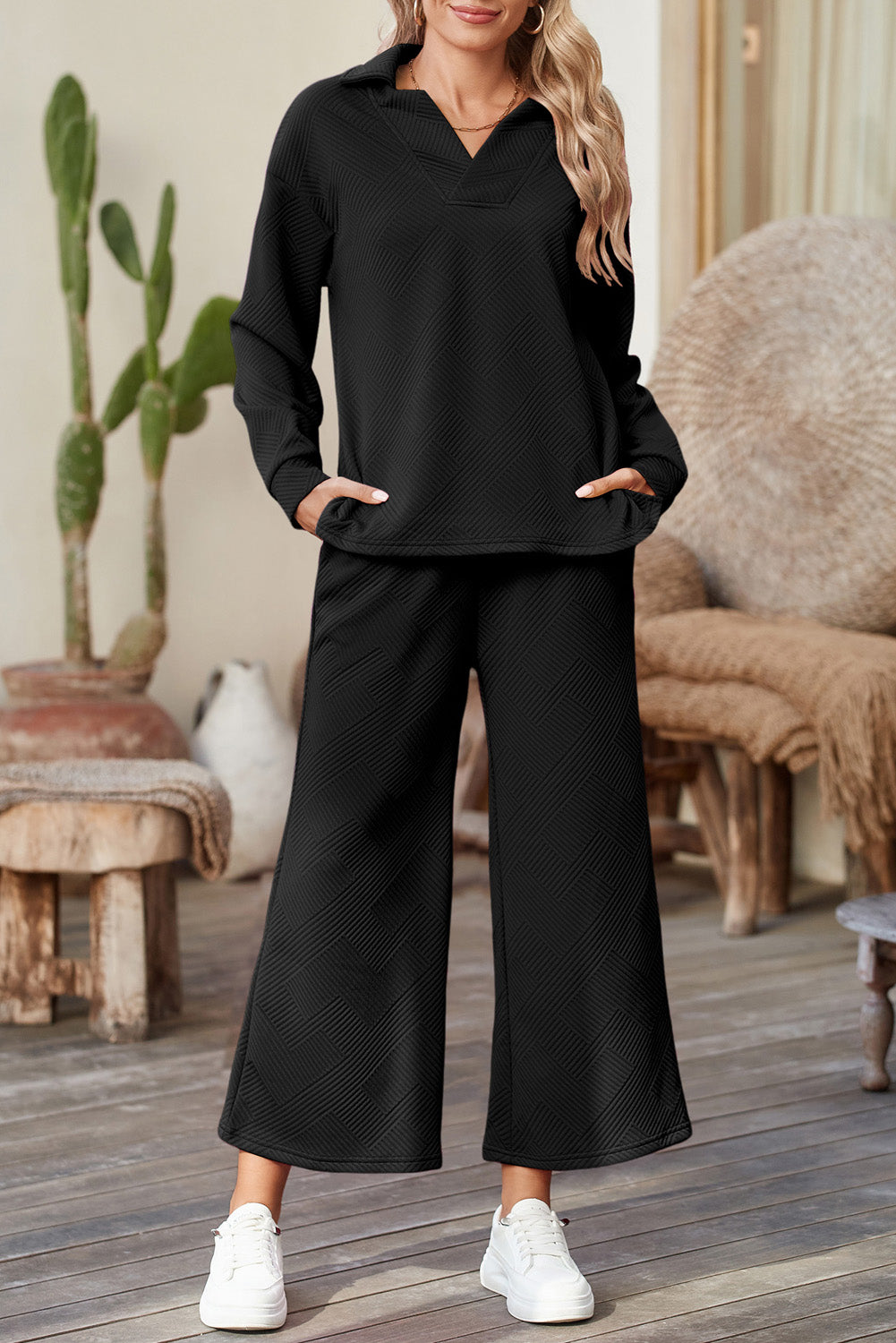 Black Solid Color High Low Pullover and Pants Set
