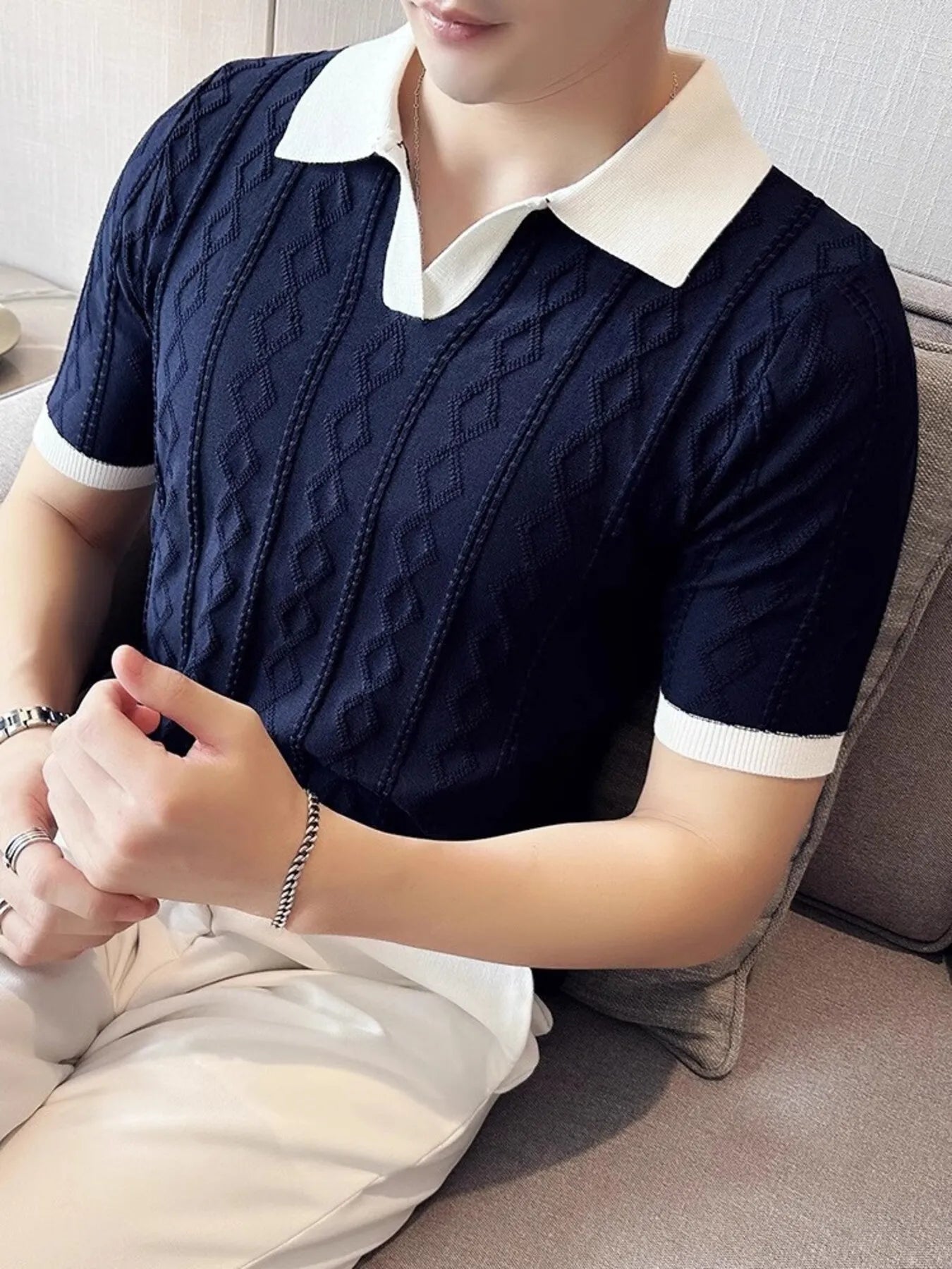 Men's Full Size Contrast Collar Short Sleeve Knit Polo Plus Size