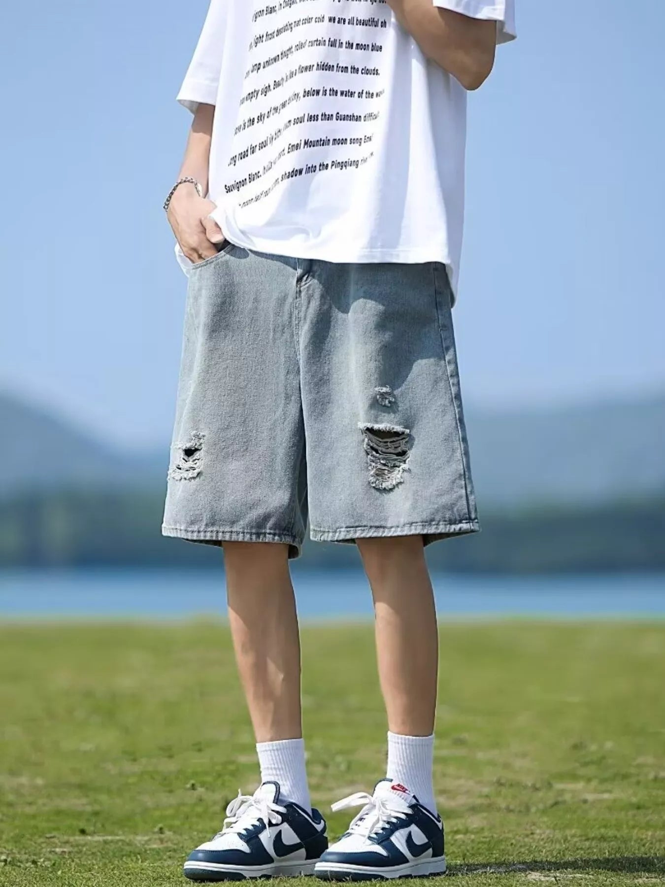 Men's Full Size Casual Loose Fit Ripped Denim Shorts Plus Size