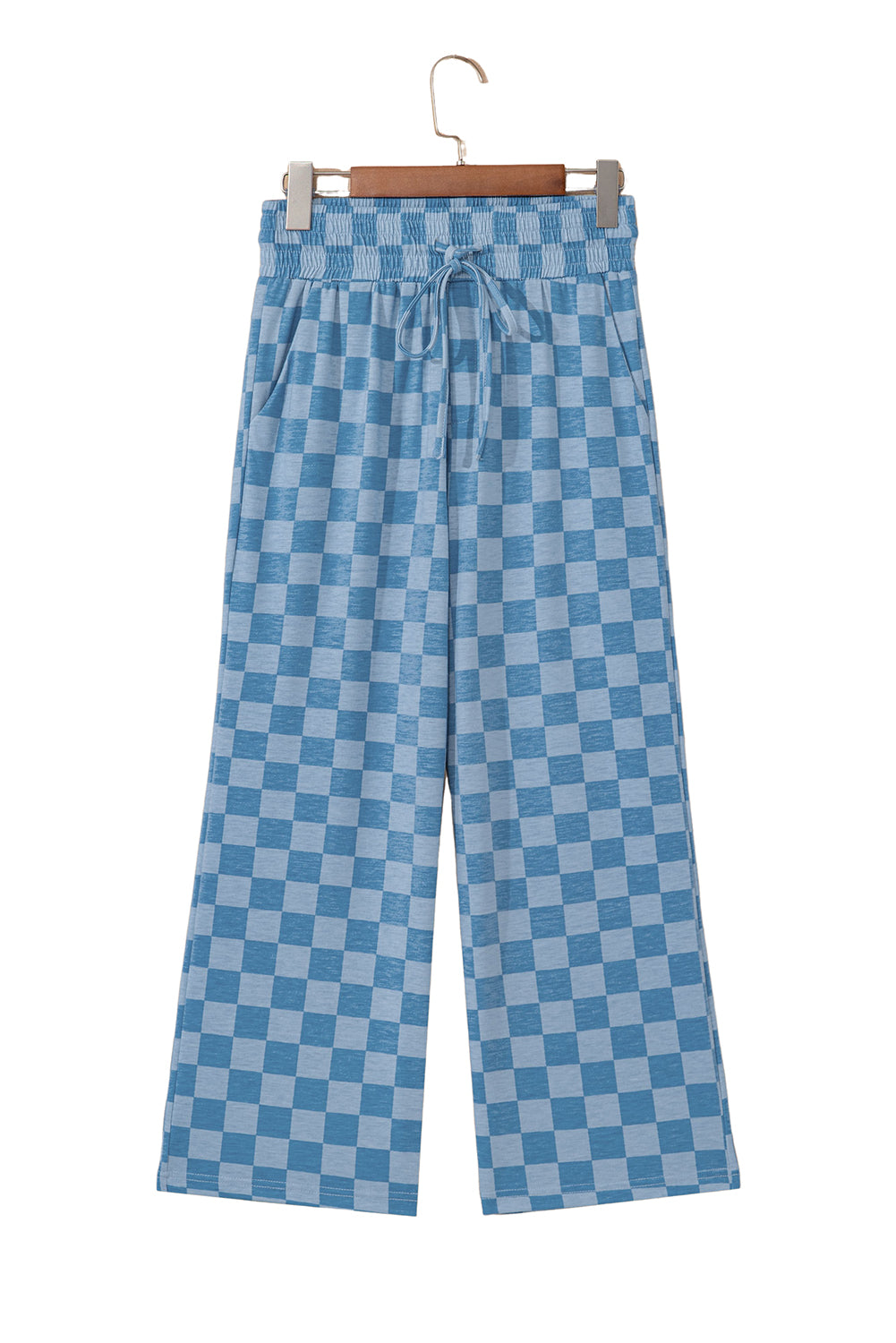Sky Blue Tie Elastic Waist Checkered Loose Pants