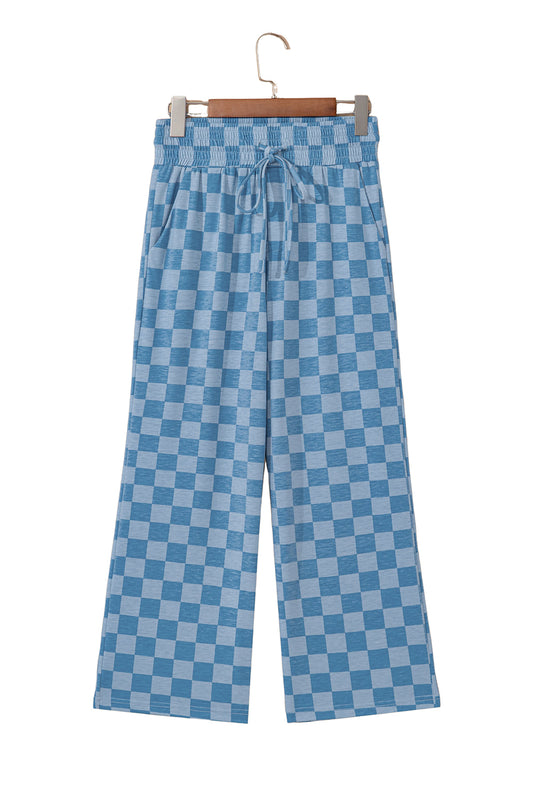 Sky Blue Tie Elastic Waist Checkered Loose Pants