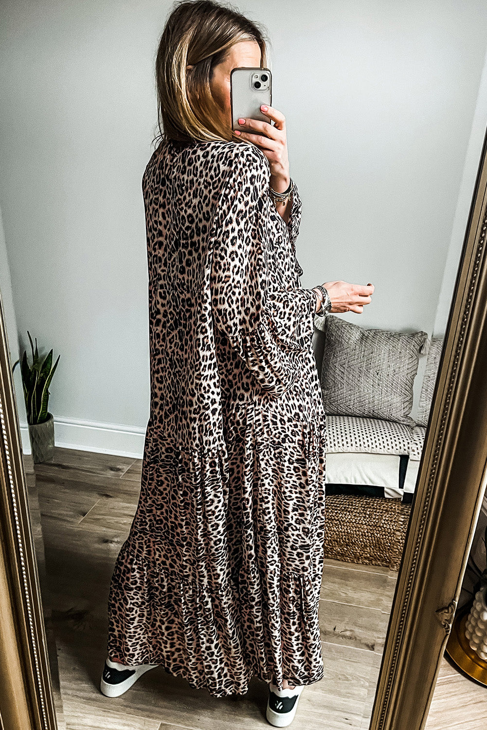 Apricot Leopard Print Tiered Wide Sleeve Maxi Dress 