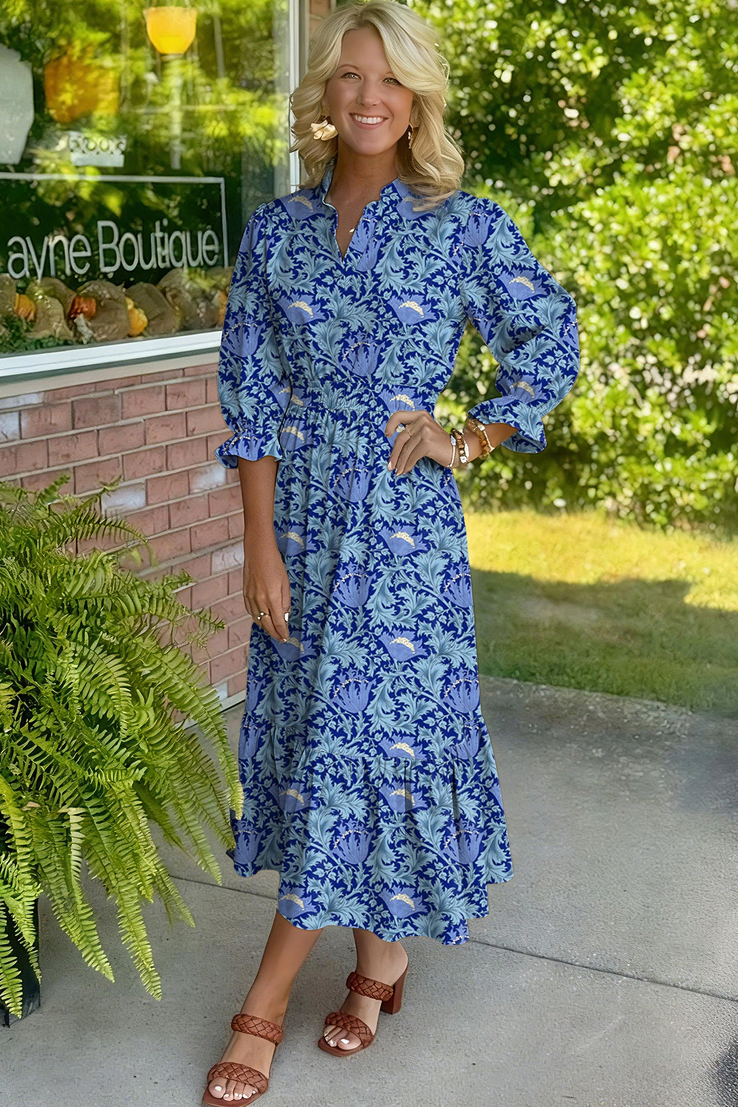 Sky Blue Floral Printed Frilled V Neck Bracelet Sleeve Long Dress