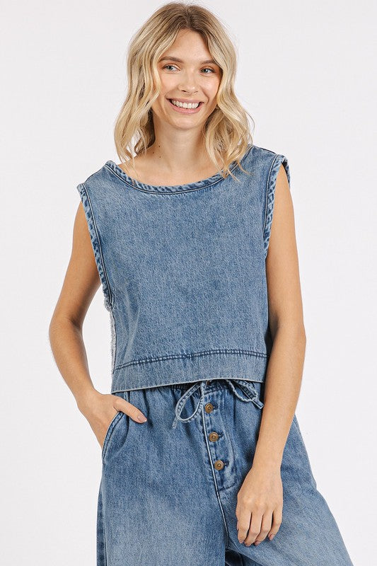 Mittoshop Washed Denim Distressed Detail Crop Tank