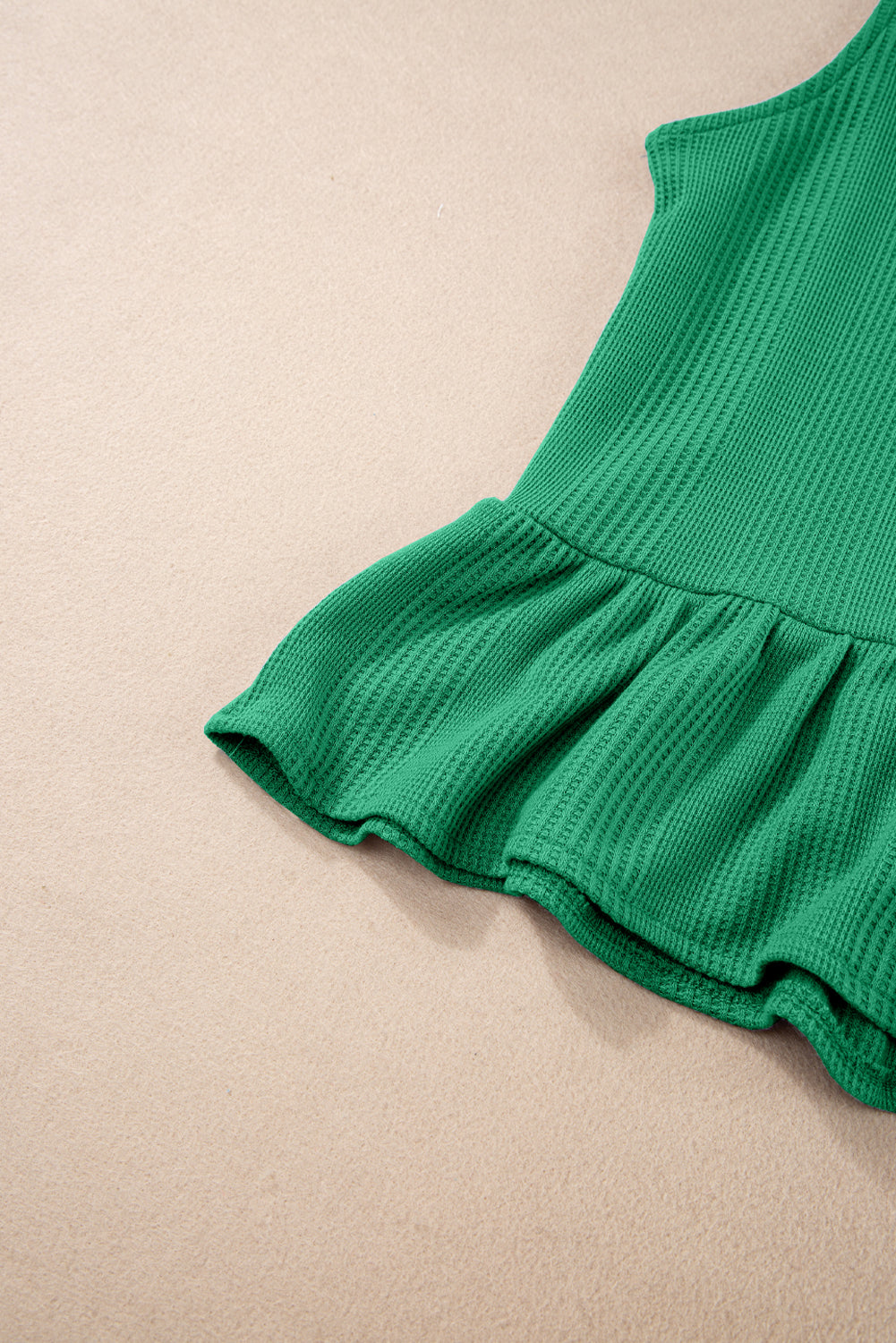 Duffel Green Solid Color Ribbed Ruffle Tank Top and Pants Set