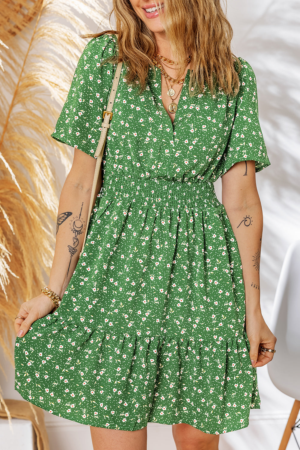 Red Floral Print Wrap V Neck Short Sleeve High Waistband Mini Dress