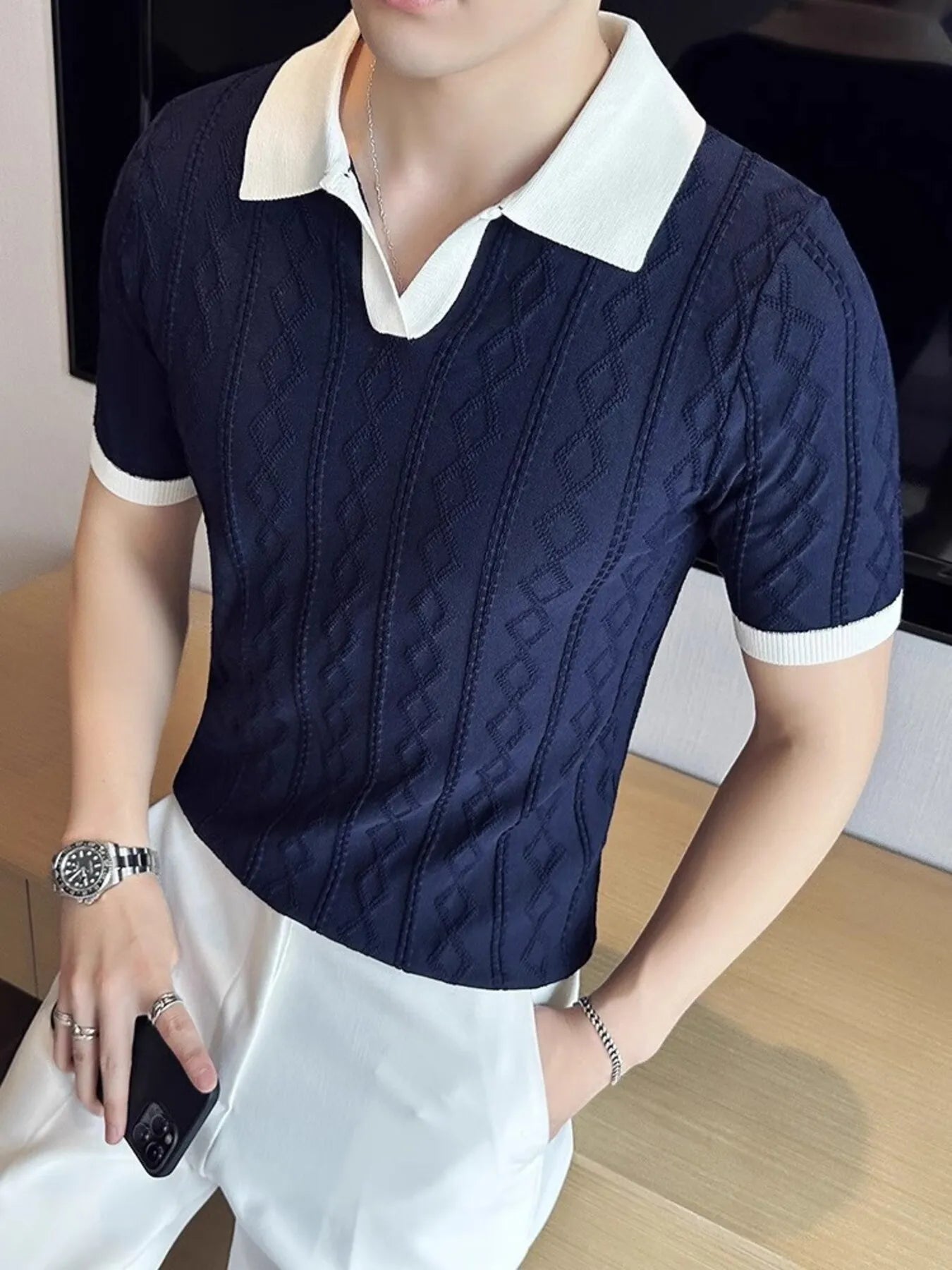 Men's Full Size Contrast Collar Short Sleeve Knit Polo Plus Size