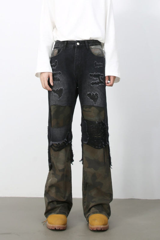 Men's Frayed Hem Camouflage Jeans