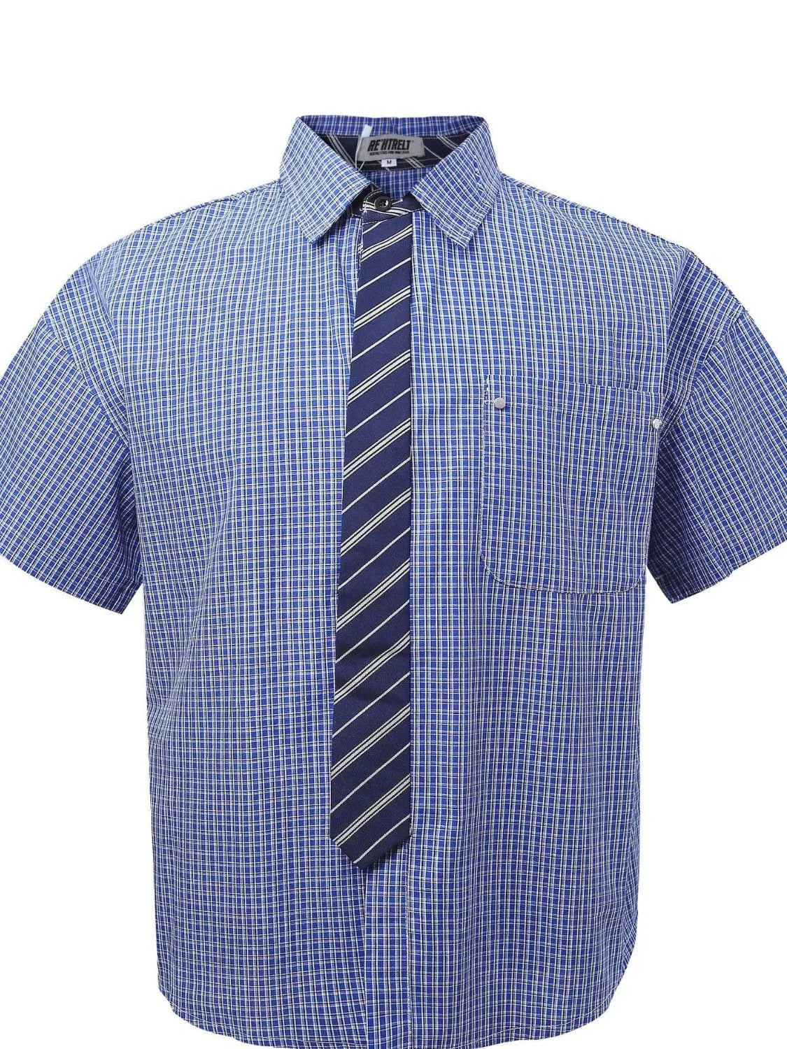 Men's Plaid Short Sleeve Shirt with Striped Tie