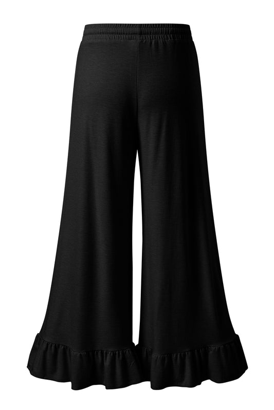 Black Solid Color Ruffle Hem Wide Leg Pants