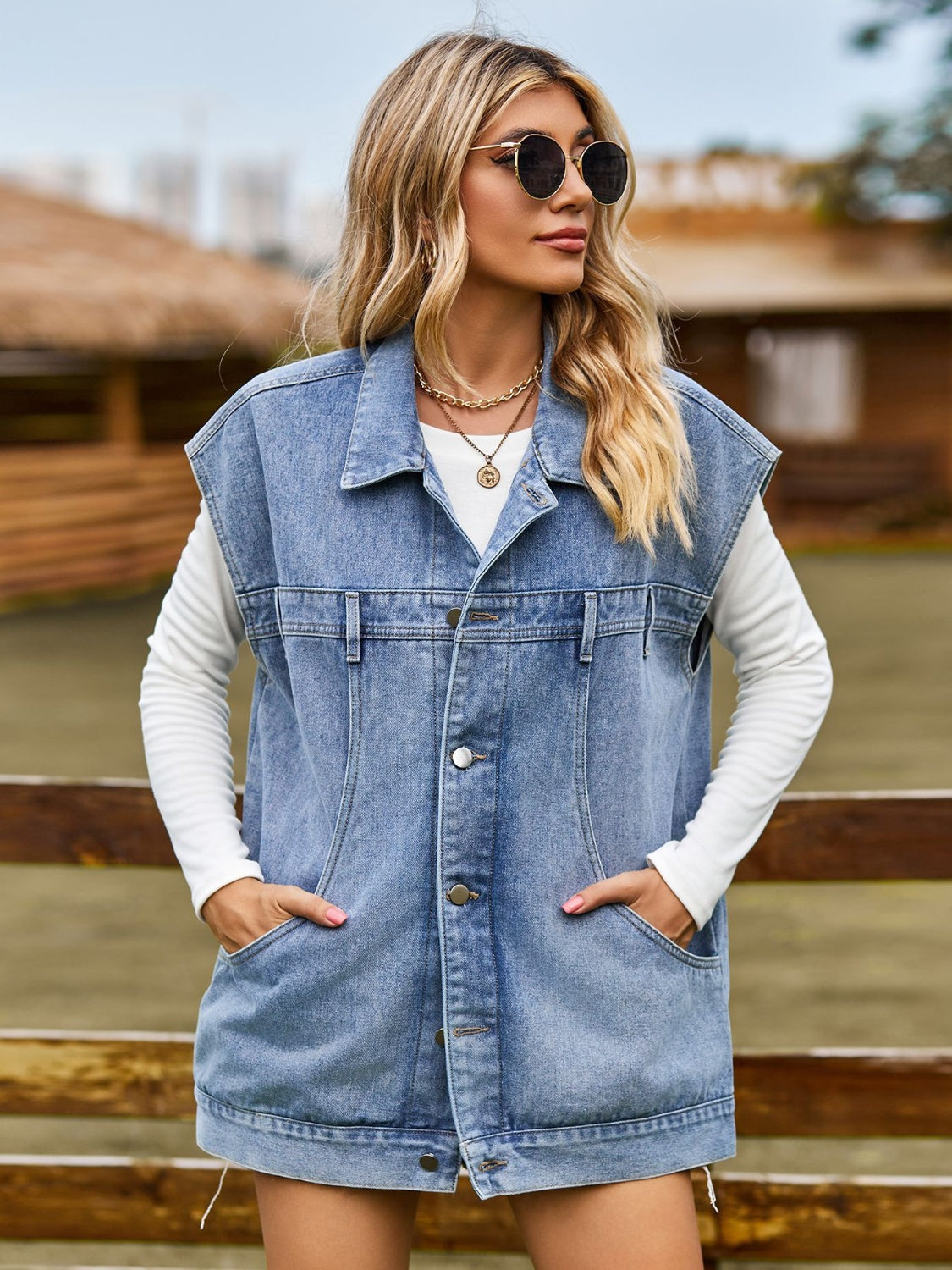 Drawstring Hooded Button Up Denim Jacket
