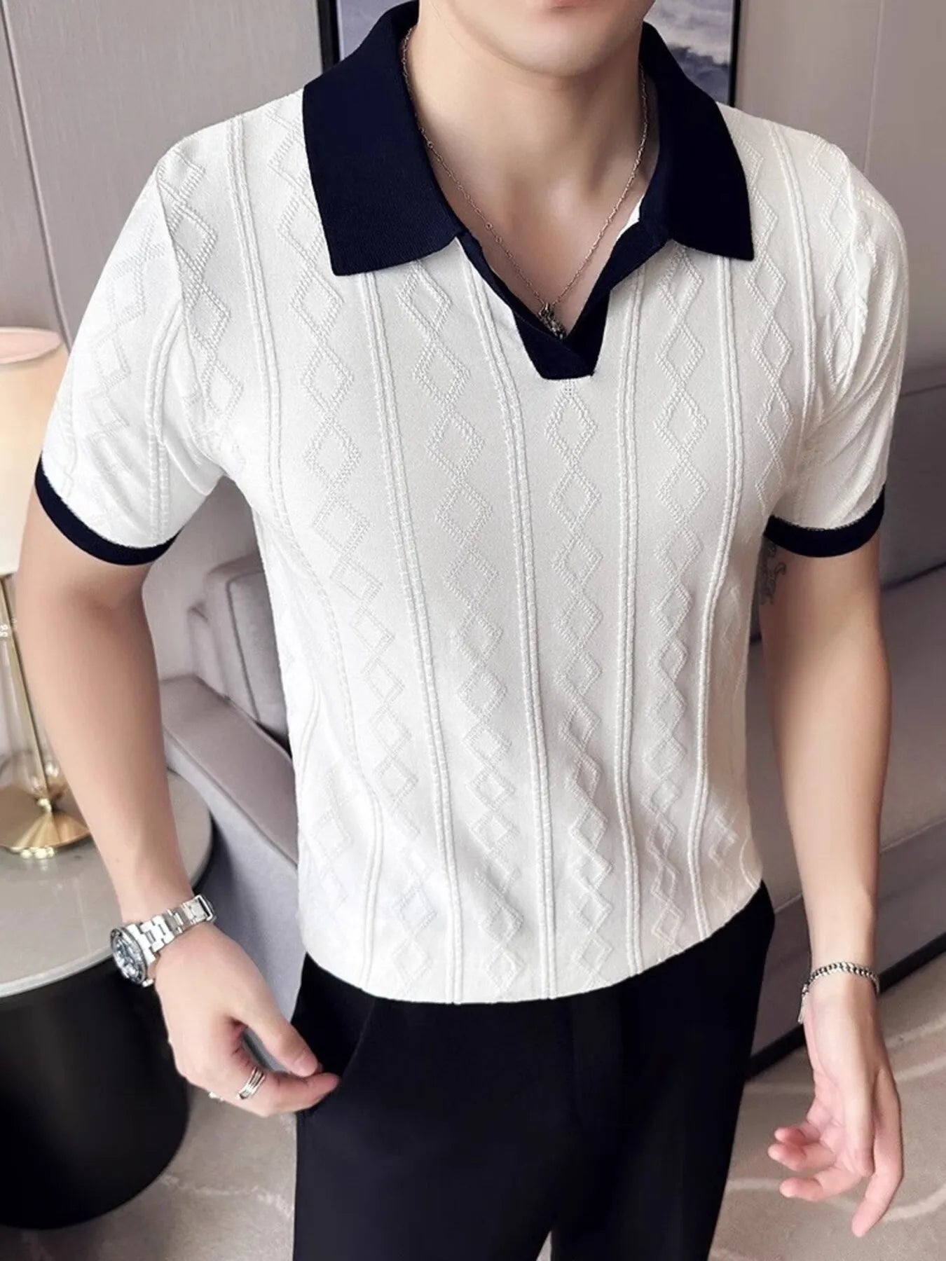Men's Full Size Contrast Collar Short Sleeve Knit Polo Plus Size