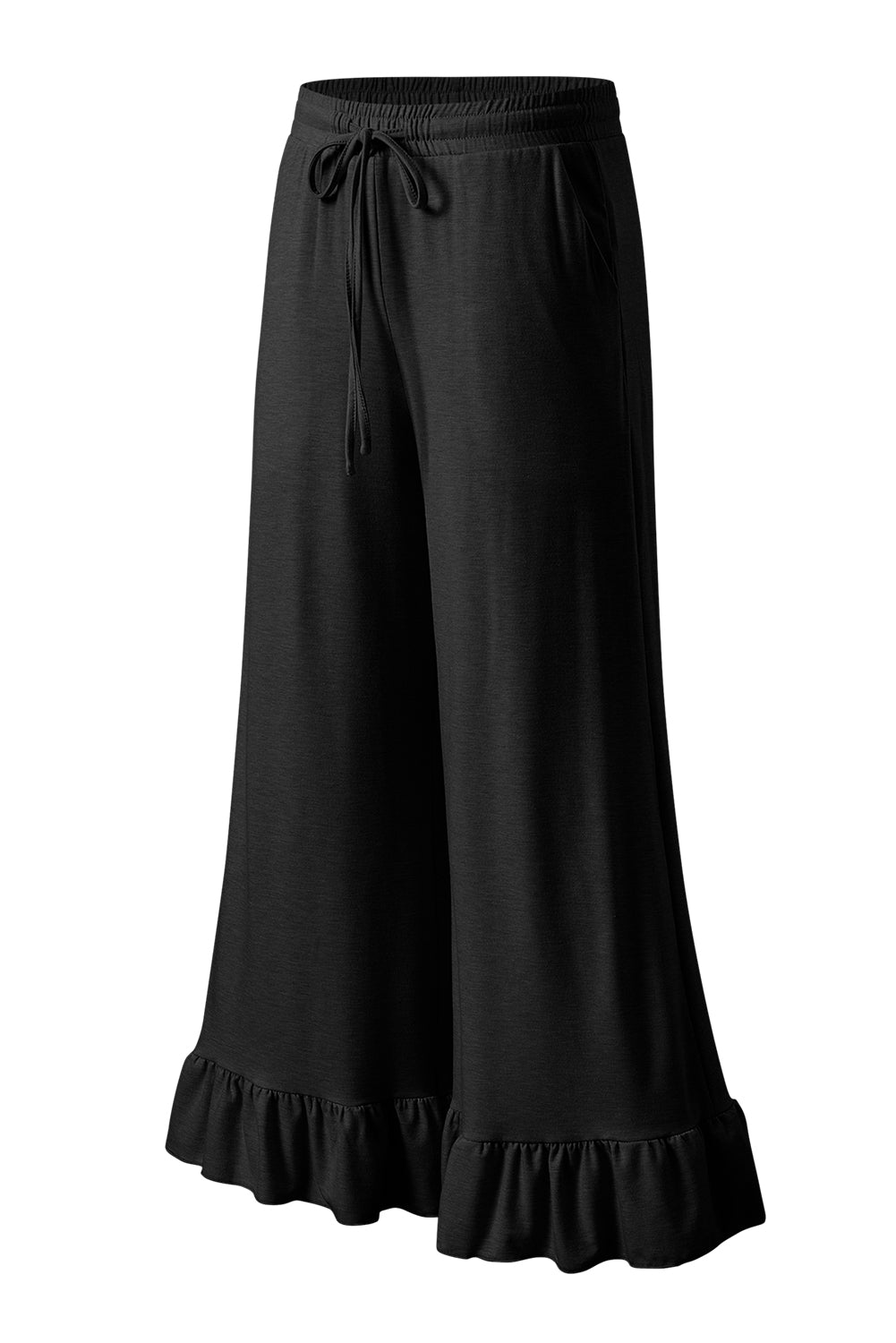 Black Solid Color Ruffle Hem Wide Leg Pants 