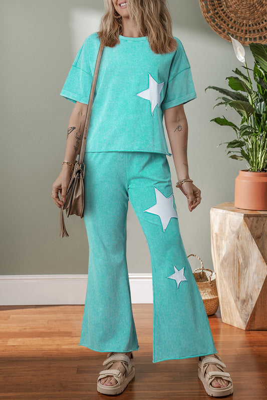 Mint Green Mineral Wash Star Patched Loose Pants Set