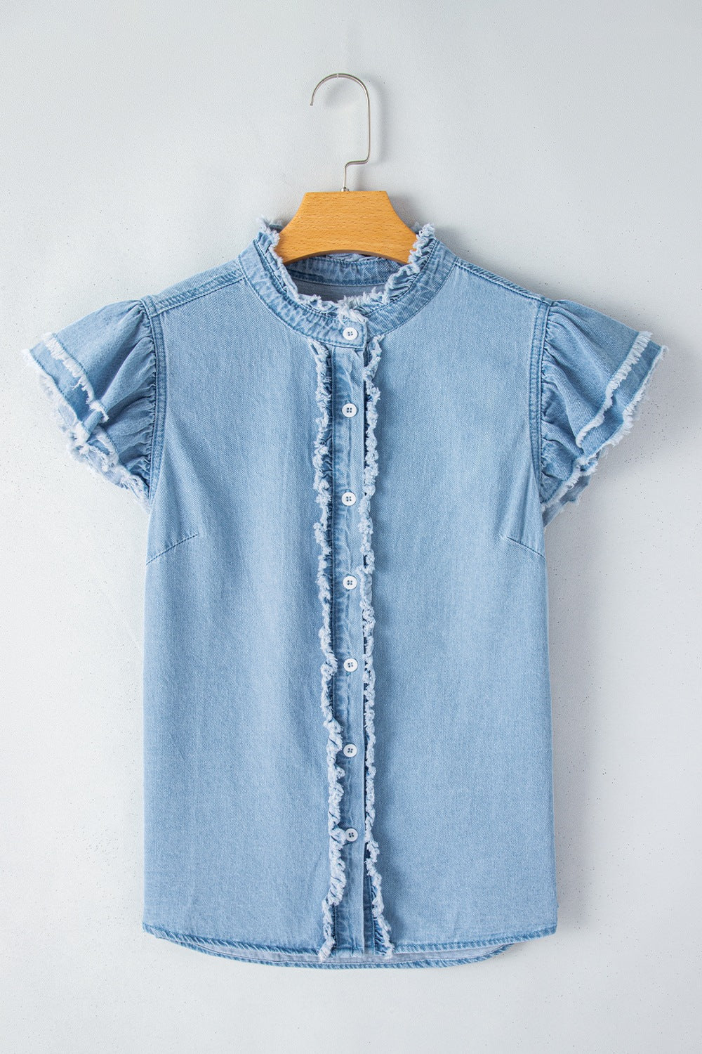 Button Down Raw Hem Ruffled Denim Shirt