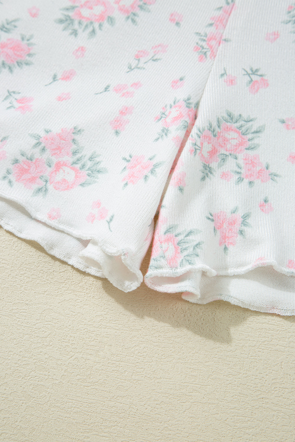 Pink Floral Print Lettuce Trim Tee and Shorts Pajama Set 