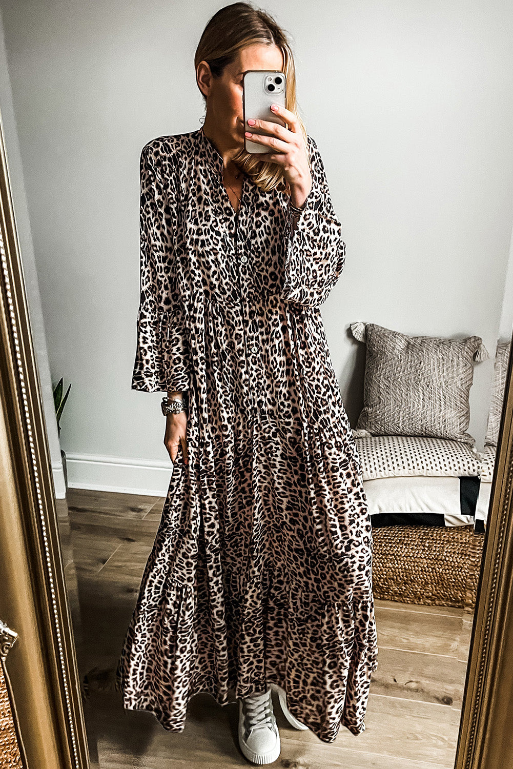  Apricot Leopard Print Tiered Wide Sleeve Maxi Dress