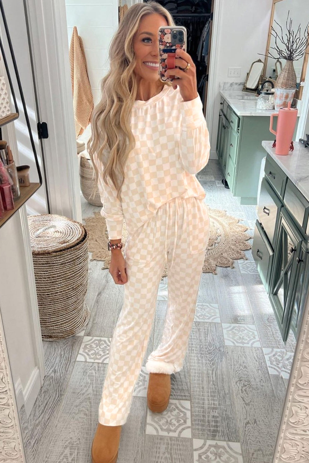 Beige Checkered Print Long Sleeve Loose Fit Pajama Set 