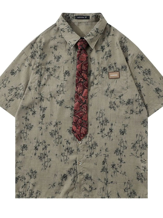 Men's Printed Short Sleeve Shirt with Paisley Tie