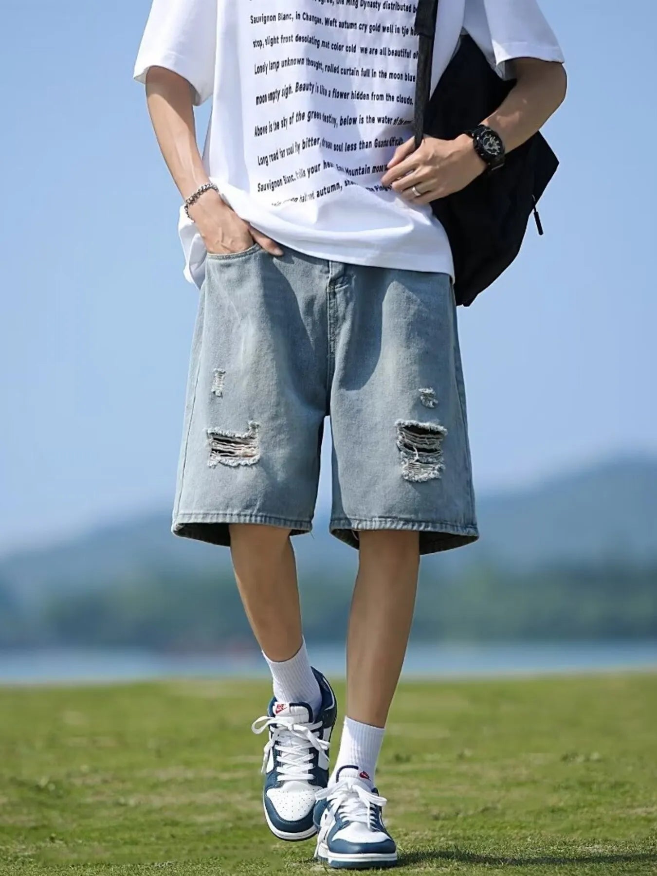 Men's Full Size Casual Loose Fit Ripped Denim Shorts Plus Size