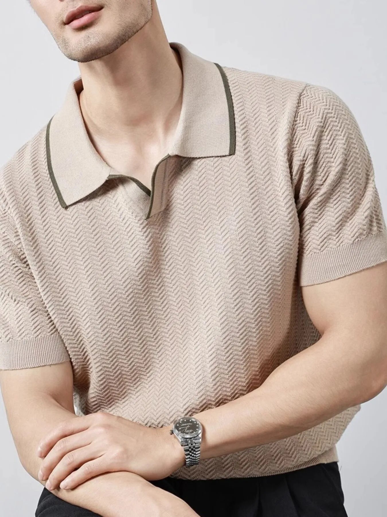 Men's Plus Size Textured Contrast Trim Short Sleeve Polo