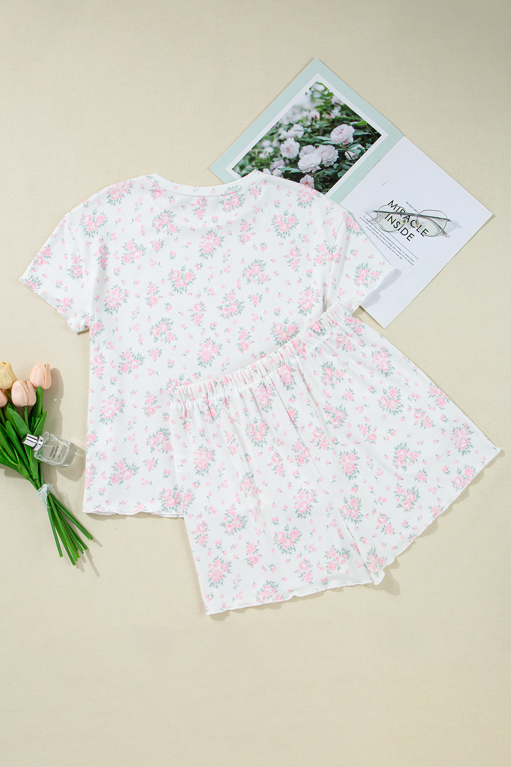  Pink Floral Print Lettuce Trim Tee and Shorts Pajama Set