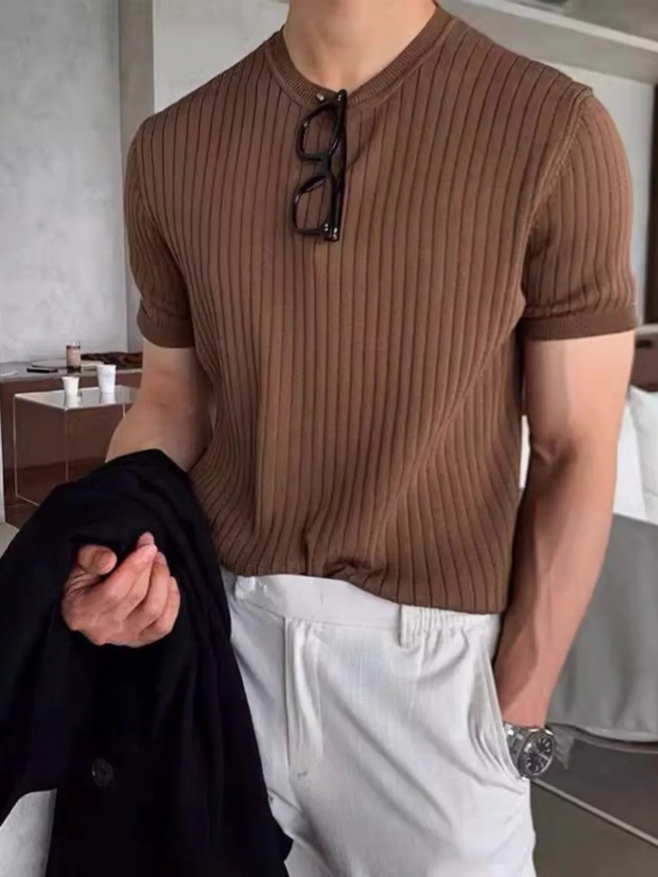 Men's Full Size Ribbed Knit Short Sleeve T-Shirt Plus Size